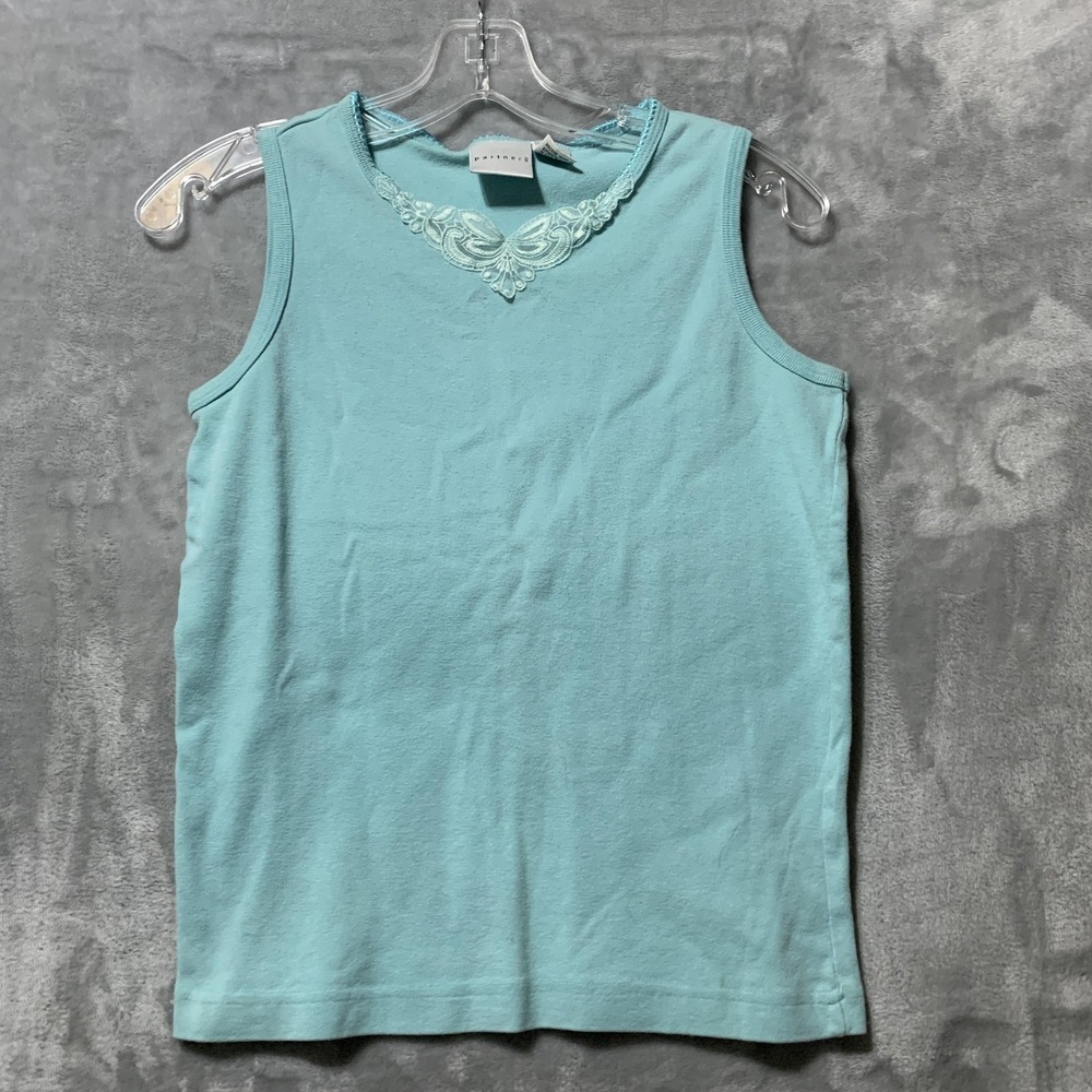 Partners Tank Top Women Small Blue Embroidered Lace Neckline Sleeveless‎ Y2K Vtg
